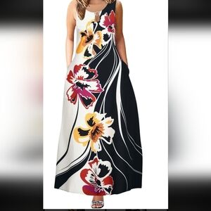 Floral Slevelessl Long Maxi Dress Women Sz L Pockets  Granny Core Vacay BOHEMIAN
